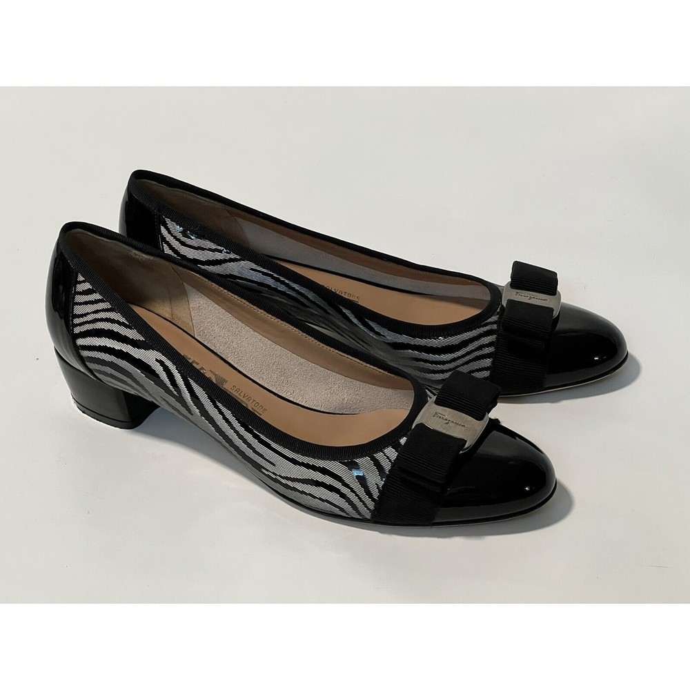 SALVATORE FERRAGAMO BOW BLACK LEATHER FLAT LOW PUMP SHOES SZ 7.5 4A NARROW